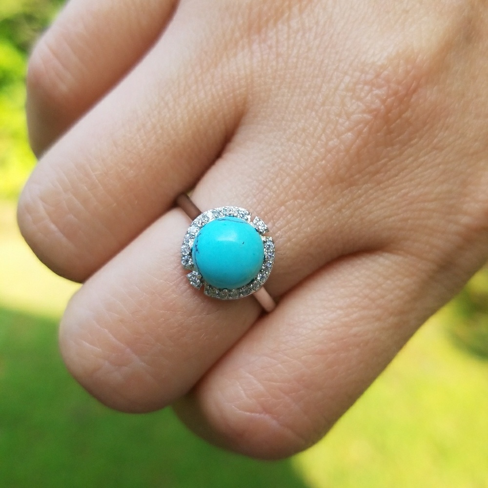 Silver Round Turquoise Diamond Fancy Halo Ring - Picture 3 of 6
